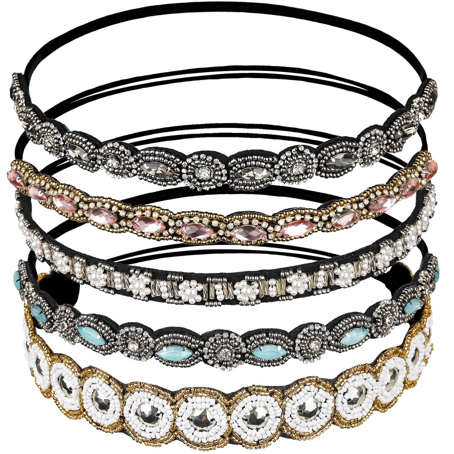 5PCS Rhinestone Beaded Elastic Hairbands Set
