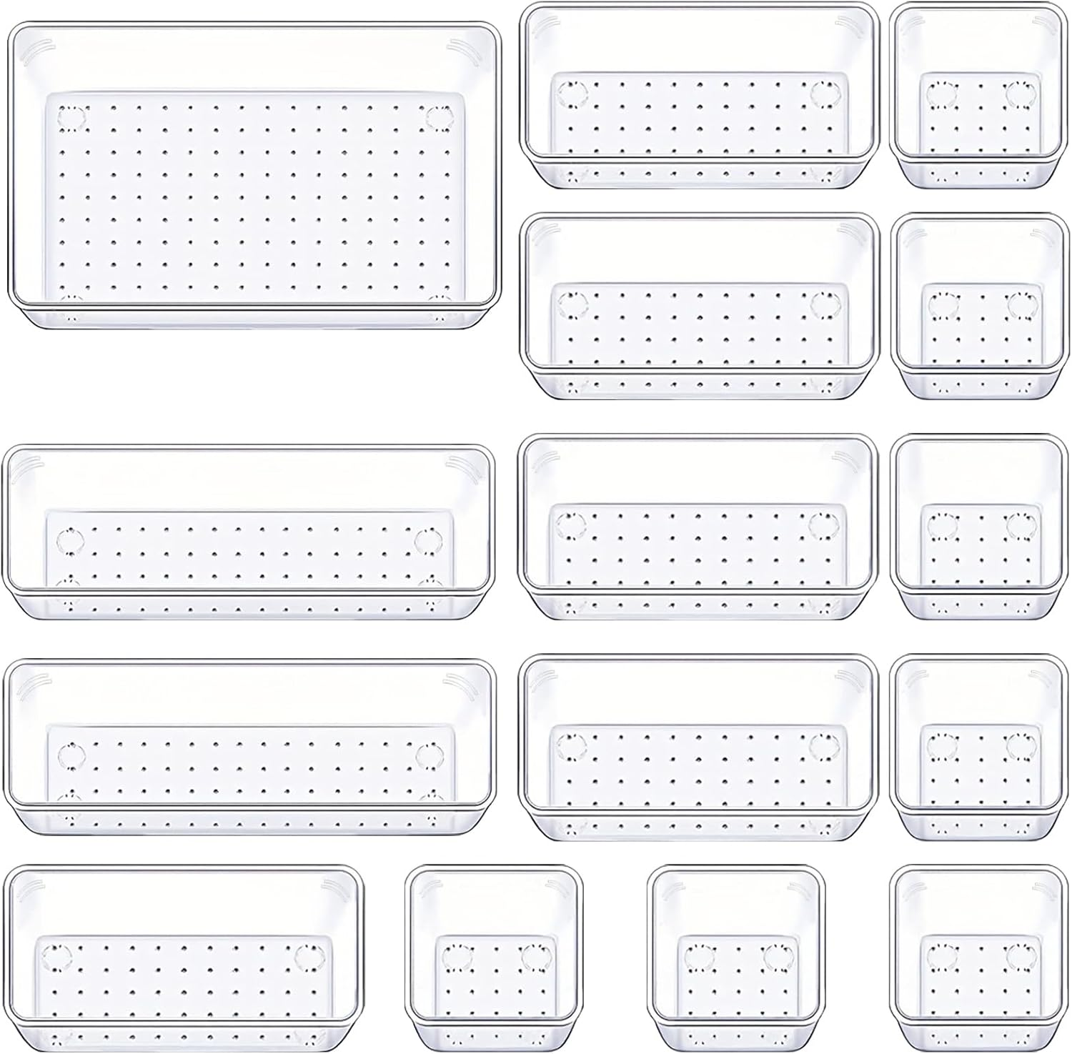 Drawer Organizers Set of 15, 4 Sizes Clear Plastic Drawer Organizers and Storage Bins for Kitchen, Bathroom, Office, Dresser Desk Drawer Organizer Tray for Jewelry, Makeup, Junk, Gadgets