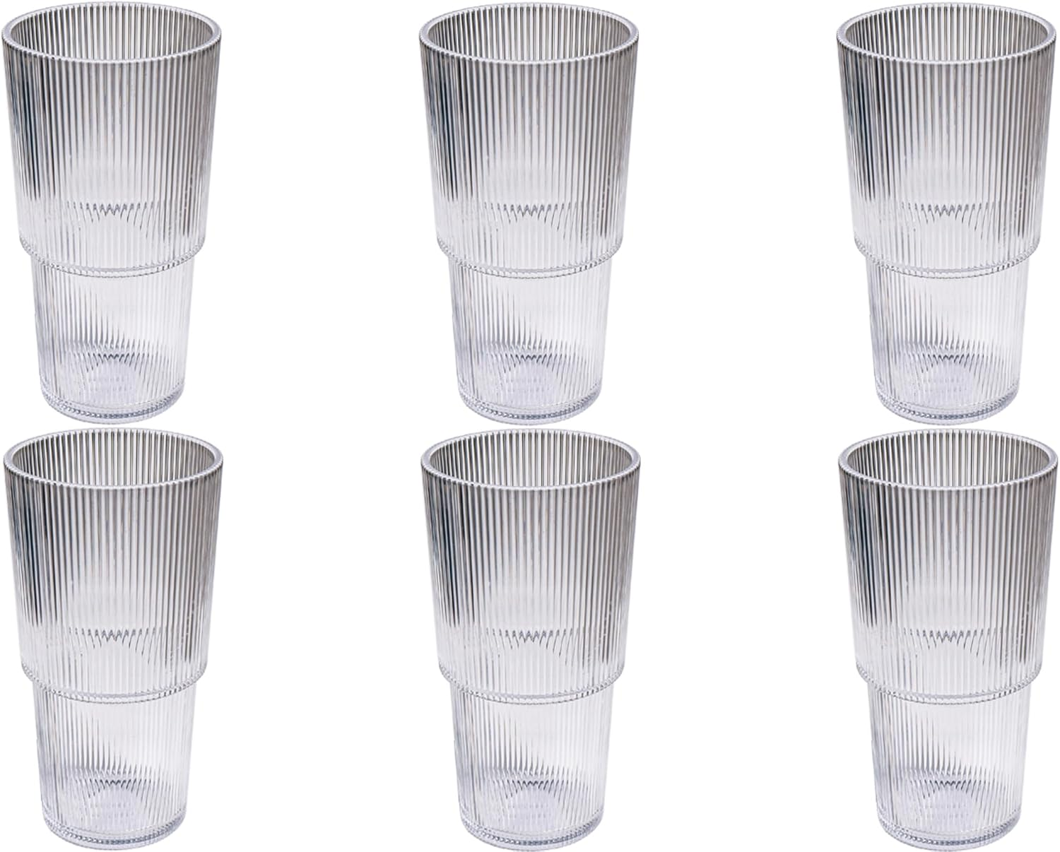 Fine Ribbed 22 Oz Durable Acrylic Jumbo Drinking Glasses, Shatter-Resistant and Dishwasher-Safe Indoor/Outdoor Drinkware for Water, Iced Tea, Juice, and Cocktails - Clear - Set of 6