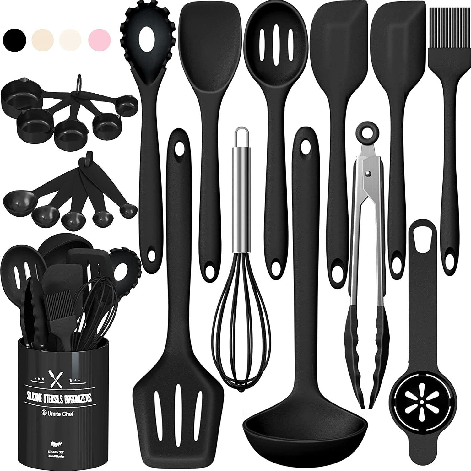 22-Piece Silicone Cooking Utensils Set，Heat Resistant & Dishwasher Safe Kitchen Tools, Black Non-Scratch Spatula Set for Nonstick Cookware (Black)