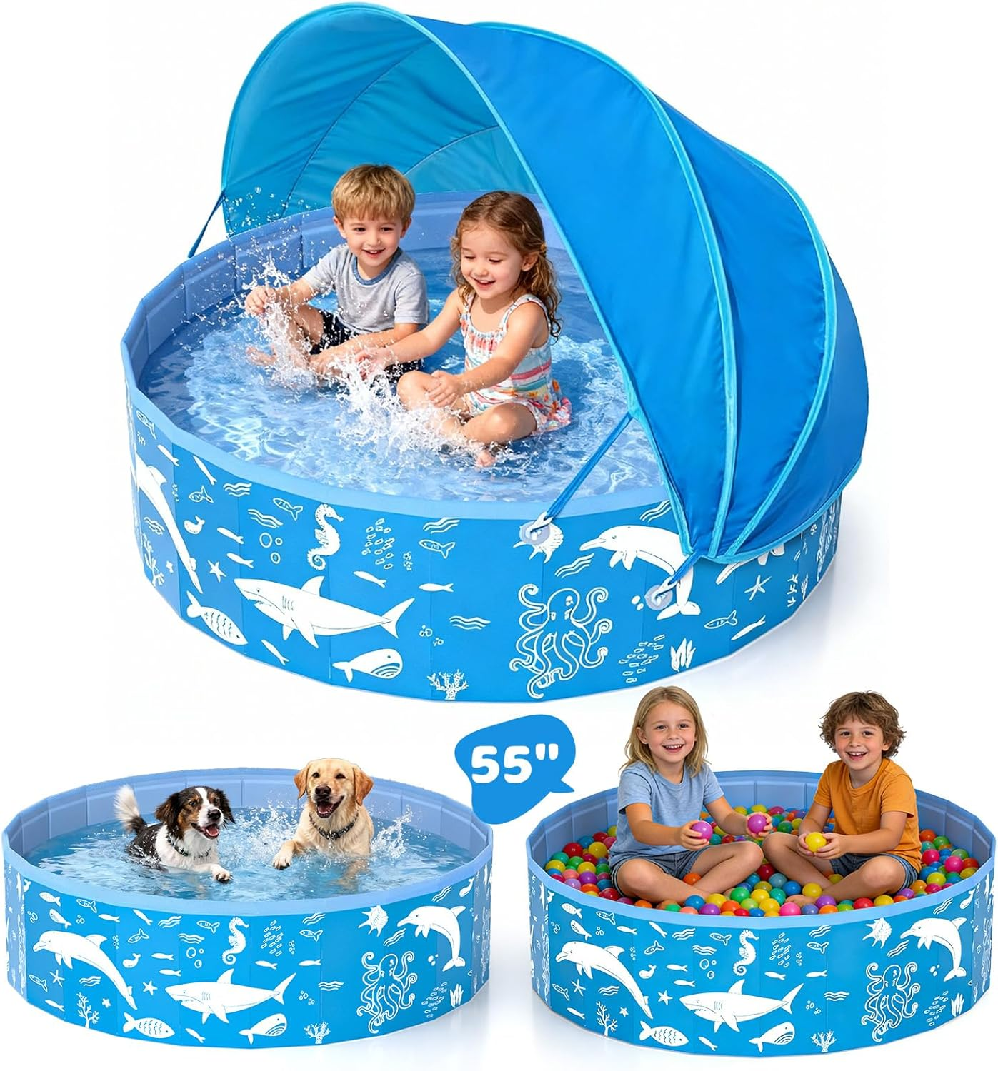 Kiddie Pool with Canopy, 55” Foldable Baby & Toddler Pool with UPF 50+ Sunshade,  Bpa-Free Thick PVC Portable Kids Pool for Outdoor Backyard & Beach, Mesh Vent for Summer Water Play
