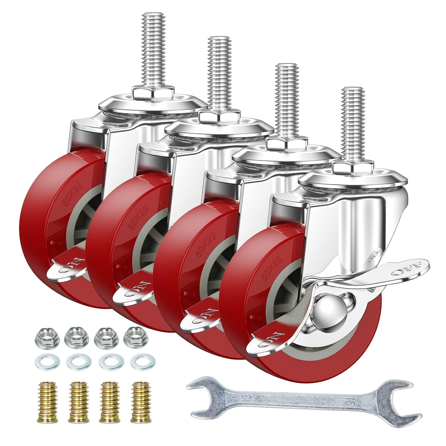 2 Inch Swivel Caster Wheels Set of 4, Locking Casters Heavy Duty Total Capacity 200Lbs, Metric M8-1.25×25Mm Threaded Stem PU Castors with Brake