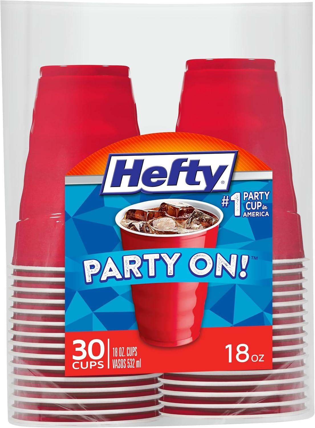 Hefty Party on Disposable Plastic Cups, Red, 18 Ounce, 30 Count