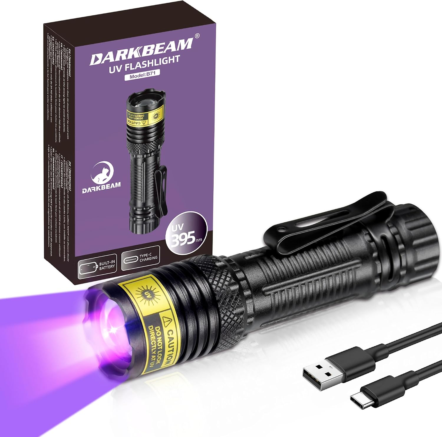 395nm UV Flashlight Black Light, Mini But Powerful Blacklight USB-C Rechargeable Focusable, Water Resistant Pet Urine Detector, Healing Resin