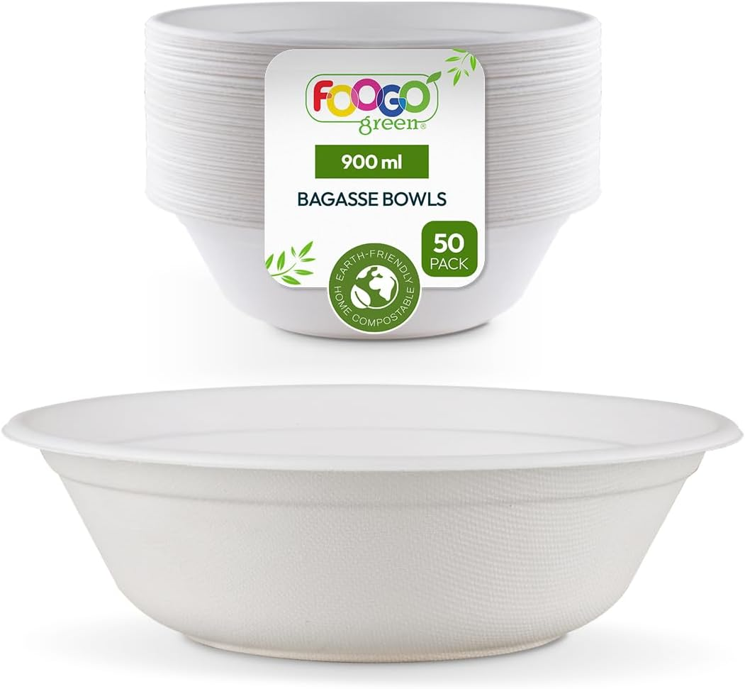 50 Disposable Sugarcane Bagasse Bowls, Large 32Oz (900Ml) | 8"(20Cm)
