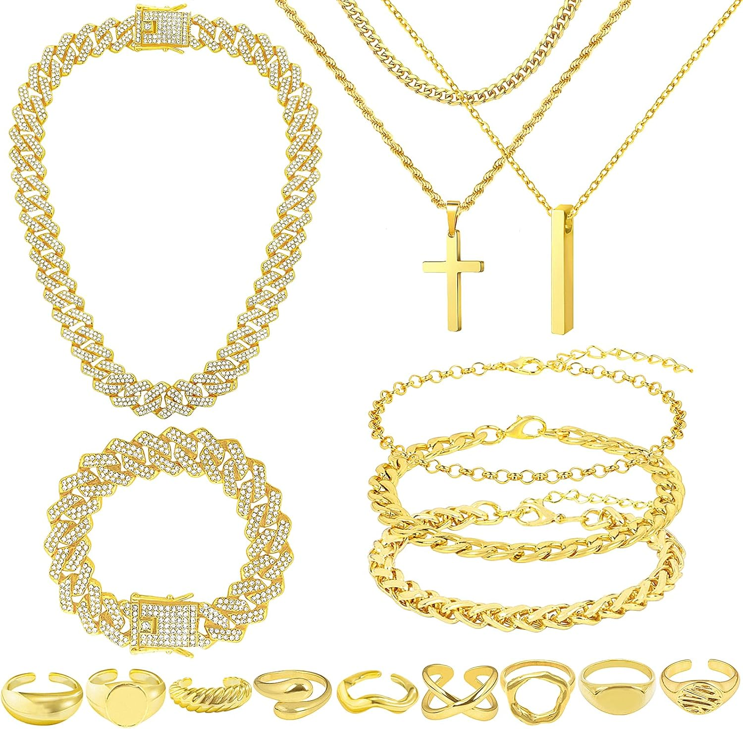 15 Pieces Silver Jewelry Set for Men Stainless Steel Cuban Link Necklace Bracelet Cross Pendant Necklace Vintage Cuban Jewelry Set for Men Women