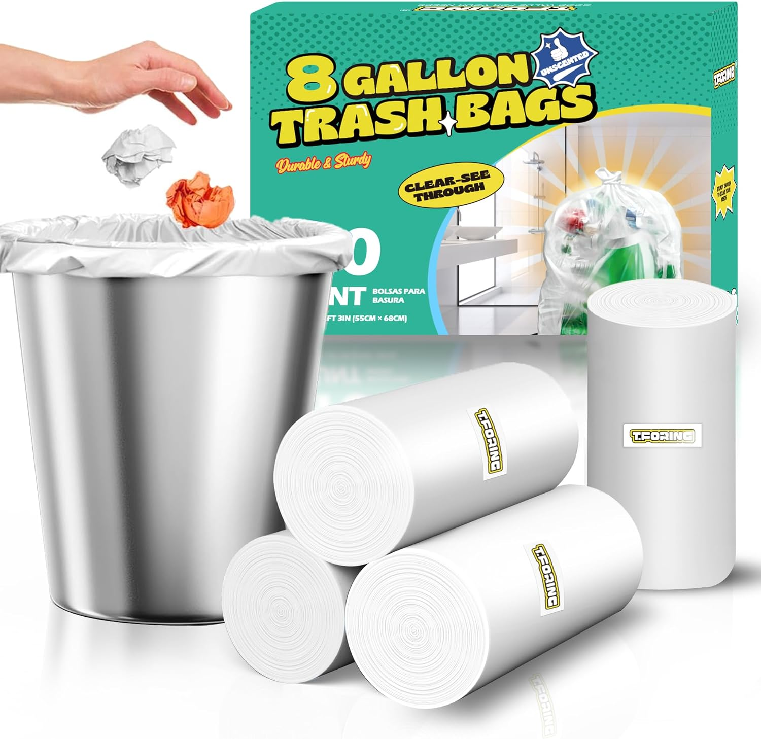 120 Count 8 Gallon Trash Bags Unscented - Thick Clear Medium Garbage Bags, 30 Liter Strong Plastic Wastebasket Can Liners for Kitchen Home Bathroom Office