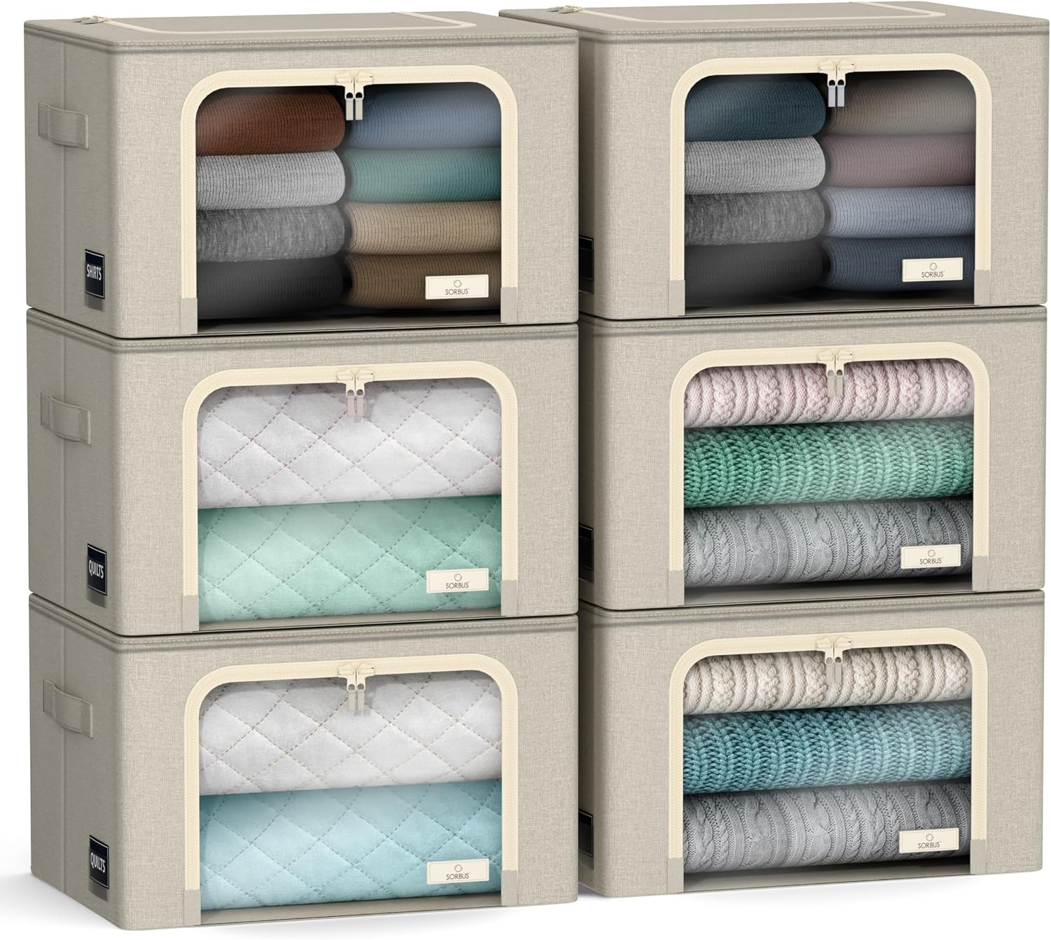 Storage Bins with Metal Frame - Stackable & Foldable Clothes Organizer Bags - Oxford Fabric Storage Containers with Large Clear Window & Carry Handles Organization for Bedding Linen & Clothing