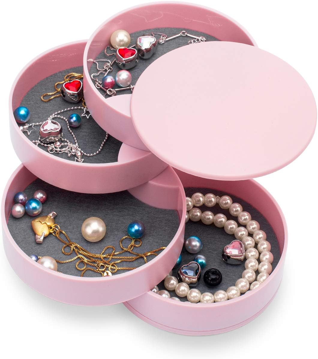 Jewelry Organizer, Small Jewelry Box Earring Holder for Women, Jewelry Storage Box 4-Layer Rotatable Jewelry Accessory Storage Tray with Lid for Rings Bracelets