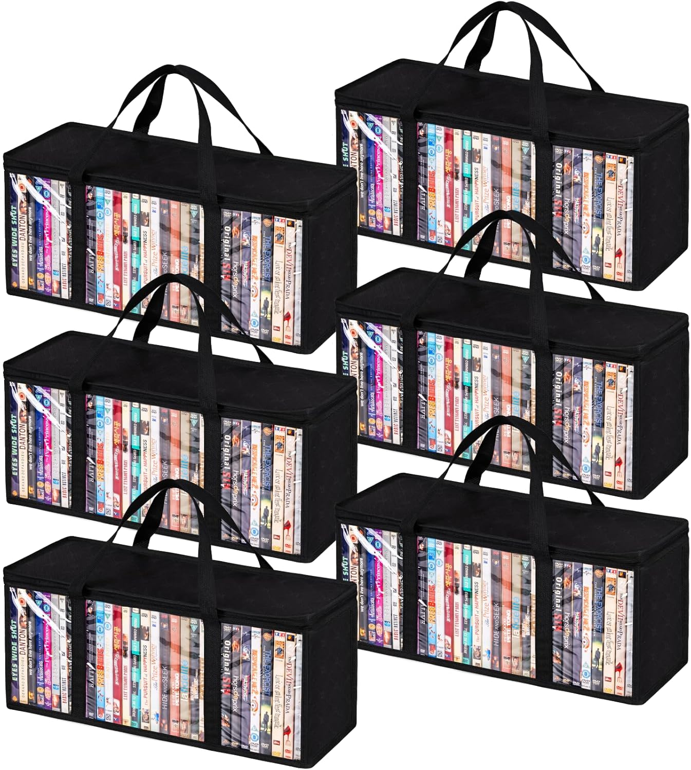 6 Pack DVD Storage Bags, Clear PVC Media Organizer with Zipper and Handles, Stackable Holder Case for Cds, Blu-Ray, Video Games, Albums, Movie Cases