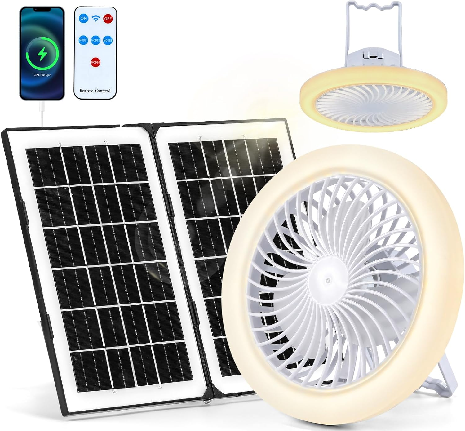 Solar Fan with Light, Outdoor Ceiling Fan with Light & Remote, 9 Inch Portable Camping Fan Rechargeable, 3 Speeds 30Db, 3CCT, Type-C/Solar Charging, Foldable Solar Panel Powered Fan for Tent Desk