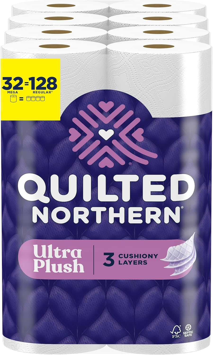 Ultra Plush Toilet Paper, 32 Mega Rolls = 128 Regular Rolls, 3X Thicker*, 3 Ply Soft Toilet Tissue