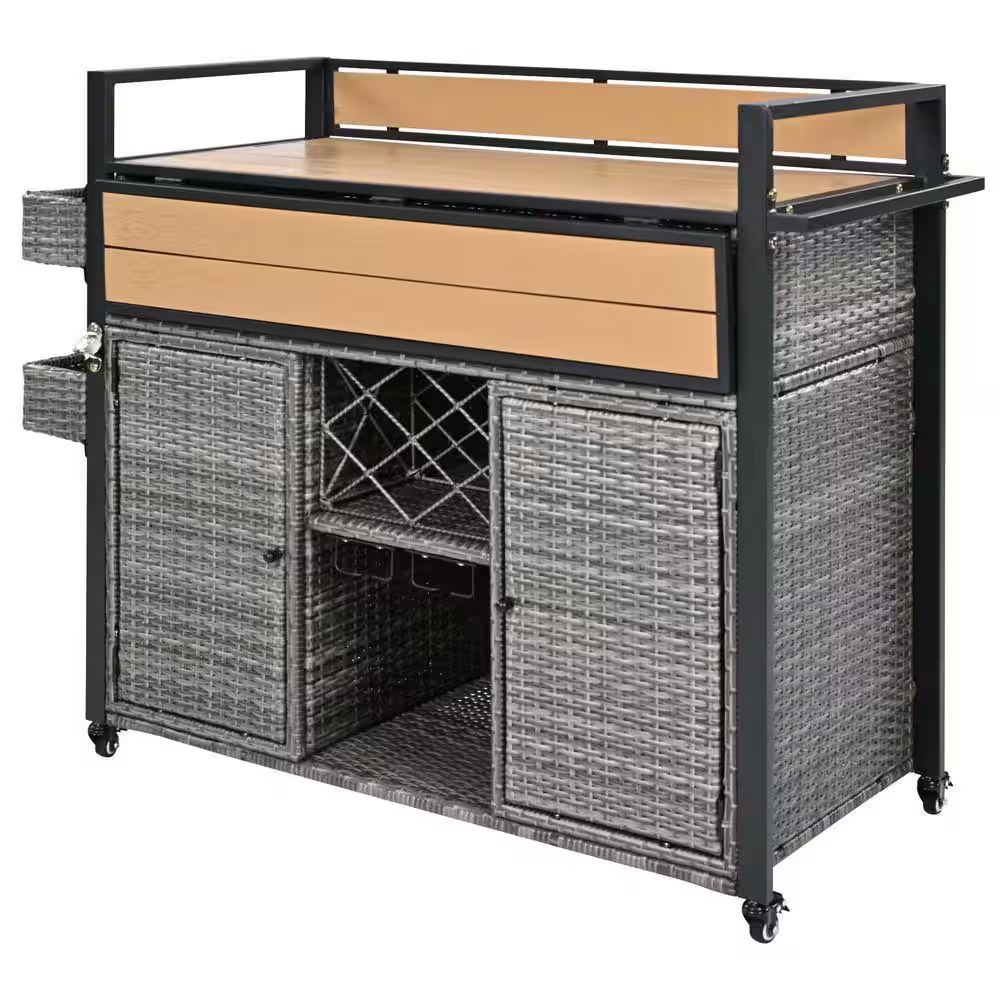 52.8 In. Gray Wicker Outdoor Grill Cart with Extended Plastic Wood Table Top and Wheels