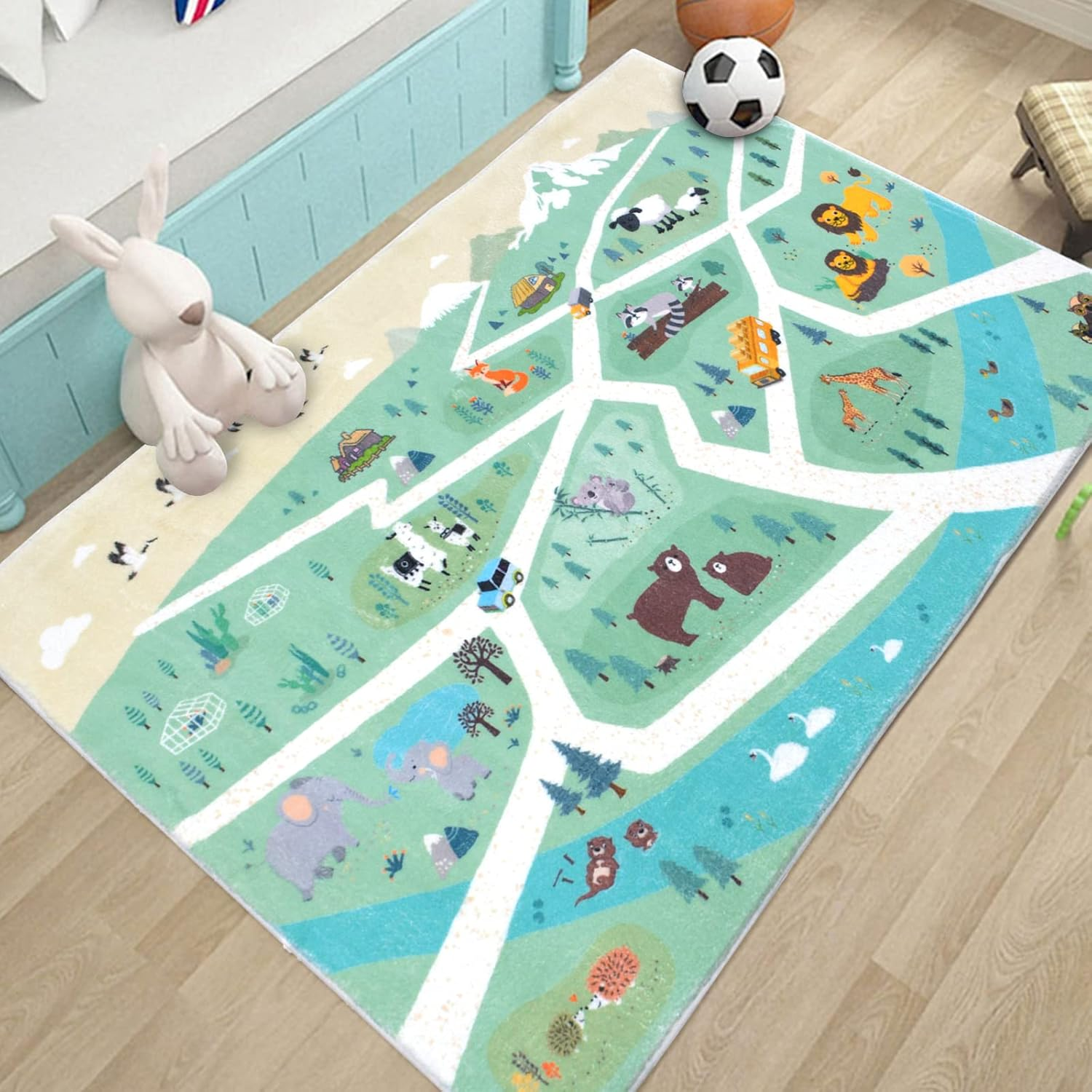 Kids Rug Play Mat 5Ft Zoo Animal Bedroom Carpet Forest Animal Playroom Rug for Boys Girls Adventure Playmat Children Area Rug for Kids Room Nursery Decor 3.3’X5’, Green