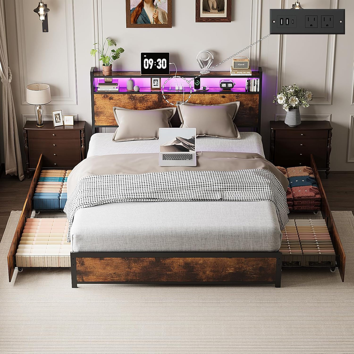 Vintage Brown Metal Double Bed with Storage, LED Lights & Charging Station