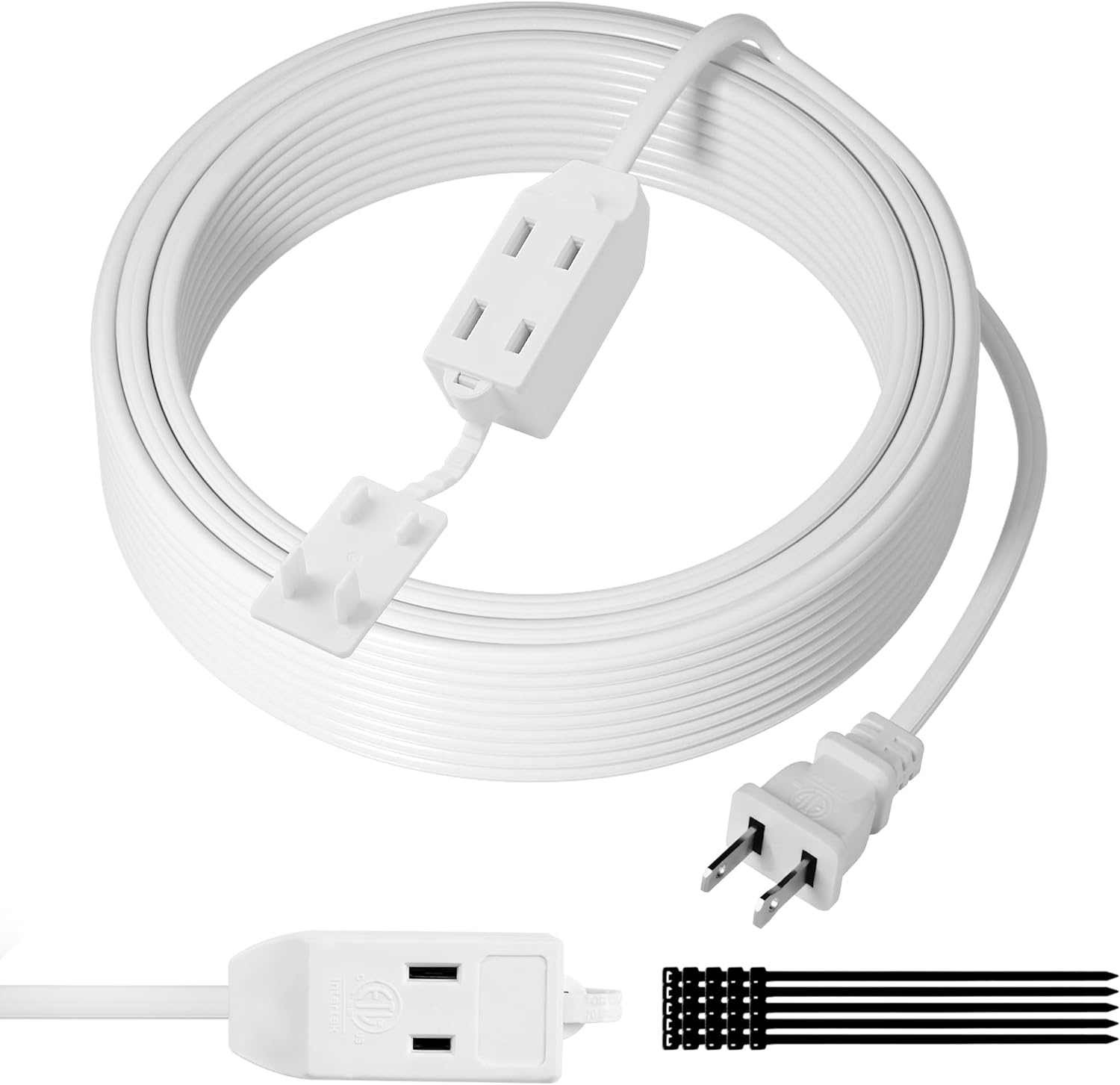 2 Prong Extension Cable 10 FT, Extra Long Power Cord with 3 Outlets, Flat Multiple Cable with Tamper Guard, ETL Listed, Outlet Saver, OFC, 16 Gauge Wire, 13A/125V, White with 25 Pcs Ties