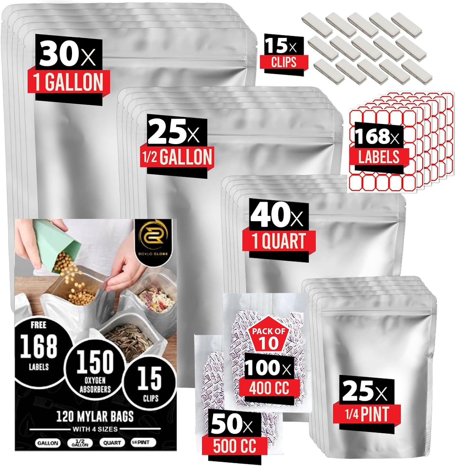 120 Mylar Bags with 150 Oxygen Absorbers-168 Labels & Stand-Up Reusable