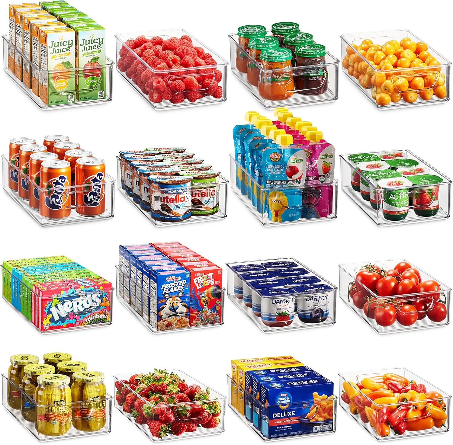Set of 16 Refrigerator Organizer Bins - Plastic Pantry Organization and Storage Baskets - Stackable Food Fridge Organizers with Cutout Handles for Freezer, Kitchen, Countertops, Cabinets
