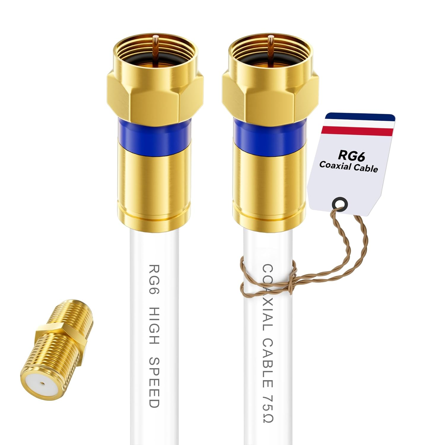 Coaxial Cable 3Ft/6Ft/10Ft/15Ft/25Ft/50Ft/60Ft/75Ft/100Ft, RG6 Coax Cable Extender with Gold F-Type Connector, High Speed Internet for HD TV, Modem, Digital Antenna, Satellite, White(1.5Ft)