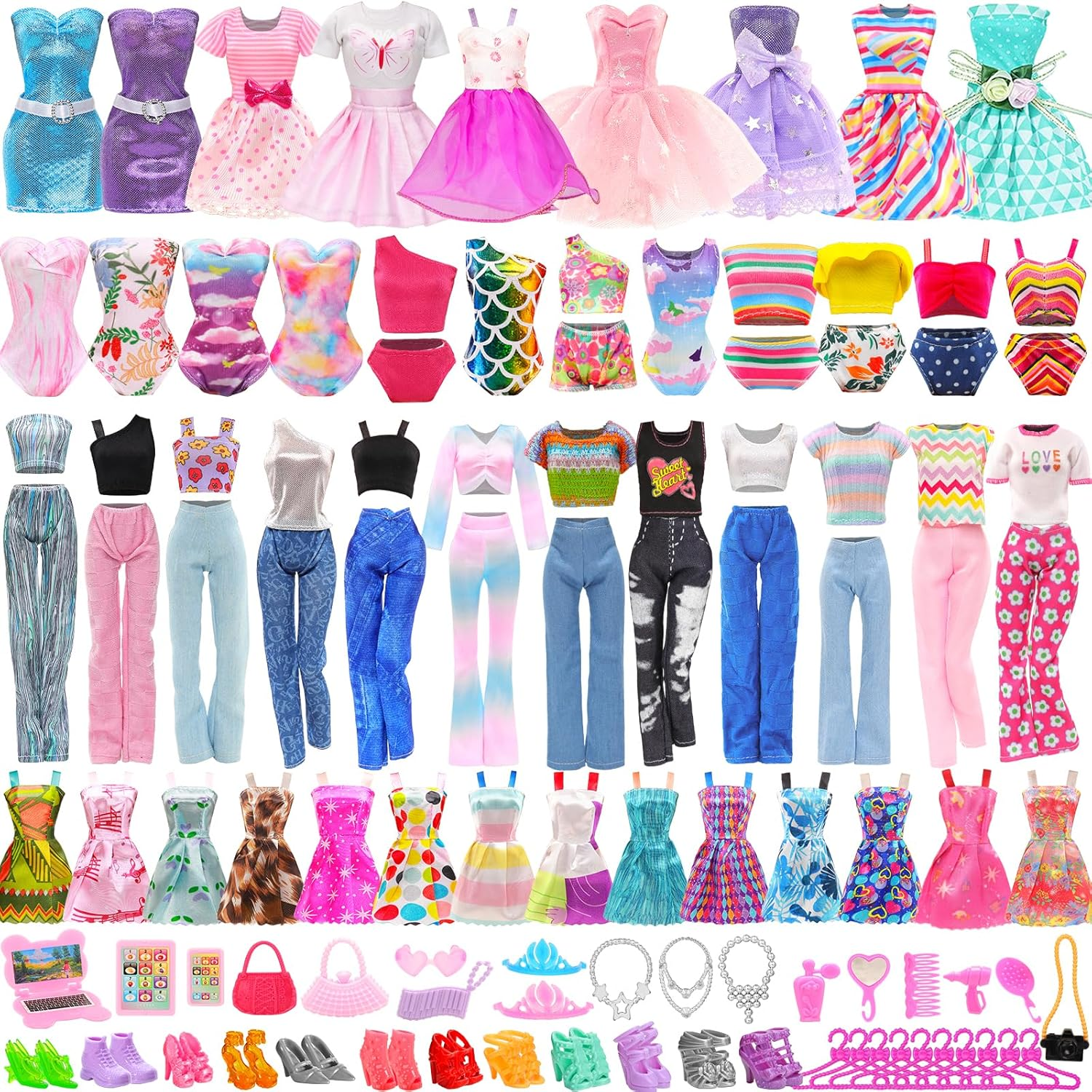 ENOCHT 51 PCS Doll Clothes and Accessories Including Fashion Dresses, Tops and Pants Outfits, Party Dresses, Swimsuits Bikini 38 PCS Shoes Hangers and Other Accessories for 11.5 Inch Dolls