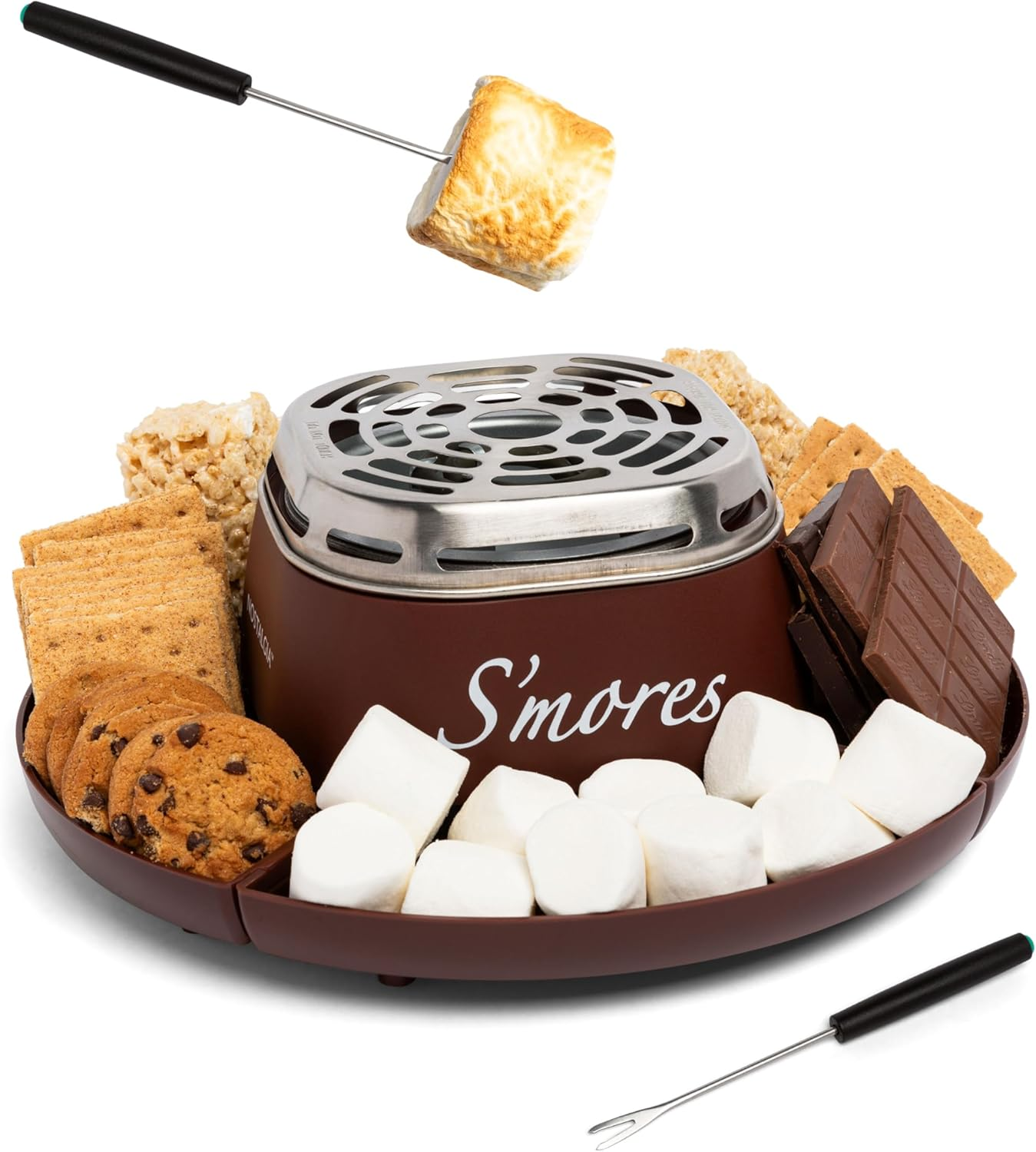 Tabletop Indoor Electric S'mores Maker - Smores Kit With Marshmallow Roasting Sticks and 4 Trays for Graham Crackers, Chocolate, and Marshmallows - Movie Night Supplies - Brown