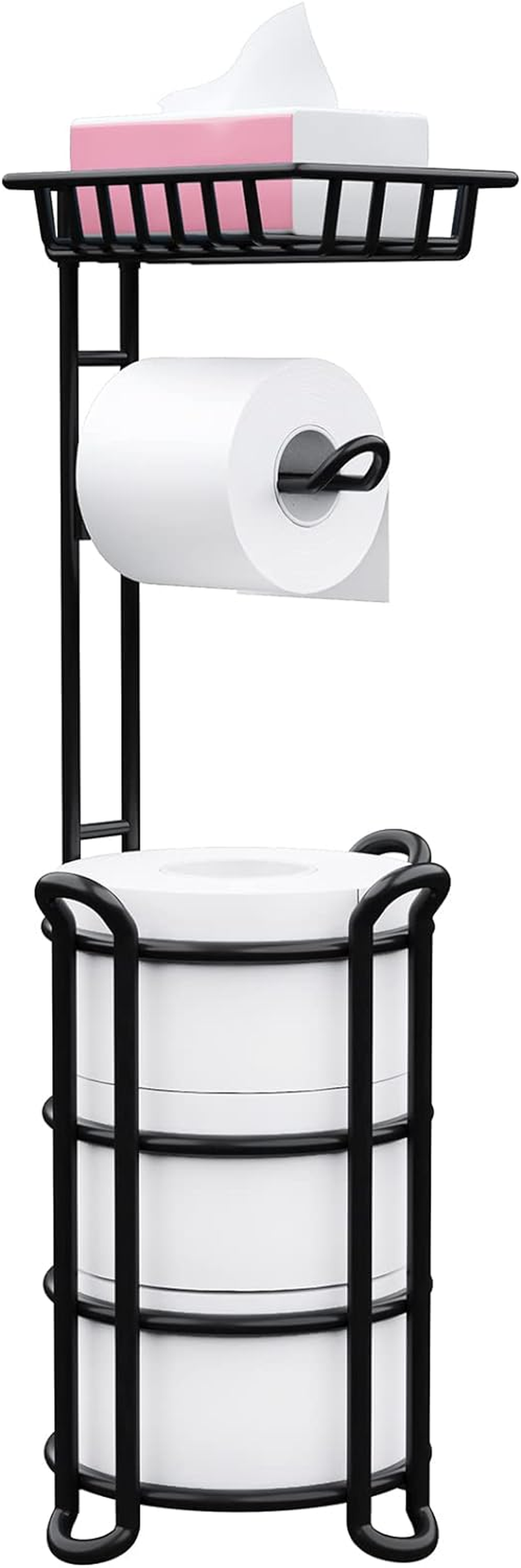 Toilet Paper Holder Stand with Shelf, Free Standing Tissue Roll Storage Rack with Dispenser for Bathroom, Black
