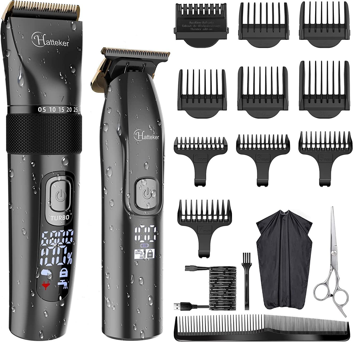 Hatteker Profi Haarschneidemaschine Set Haarschneider Pflegesets Barttrimmer Bartschneider Herren T-Förmiger Trimmerkopf T-Blade Trimmer Präzisionstrimmer IPX7 Wasserdicht