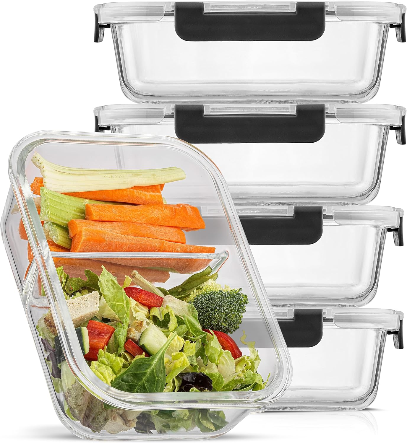 Divided Food Storage Containers with Lids Airtight. 5 Pack Glass Meal Prep Co...