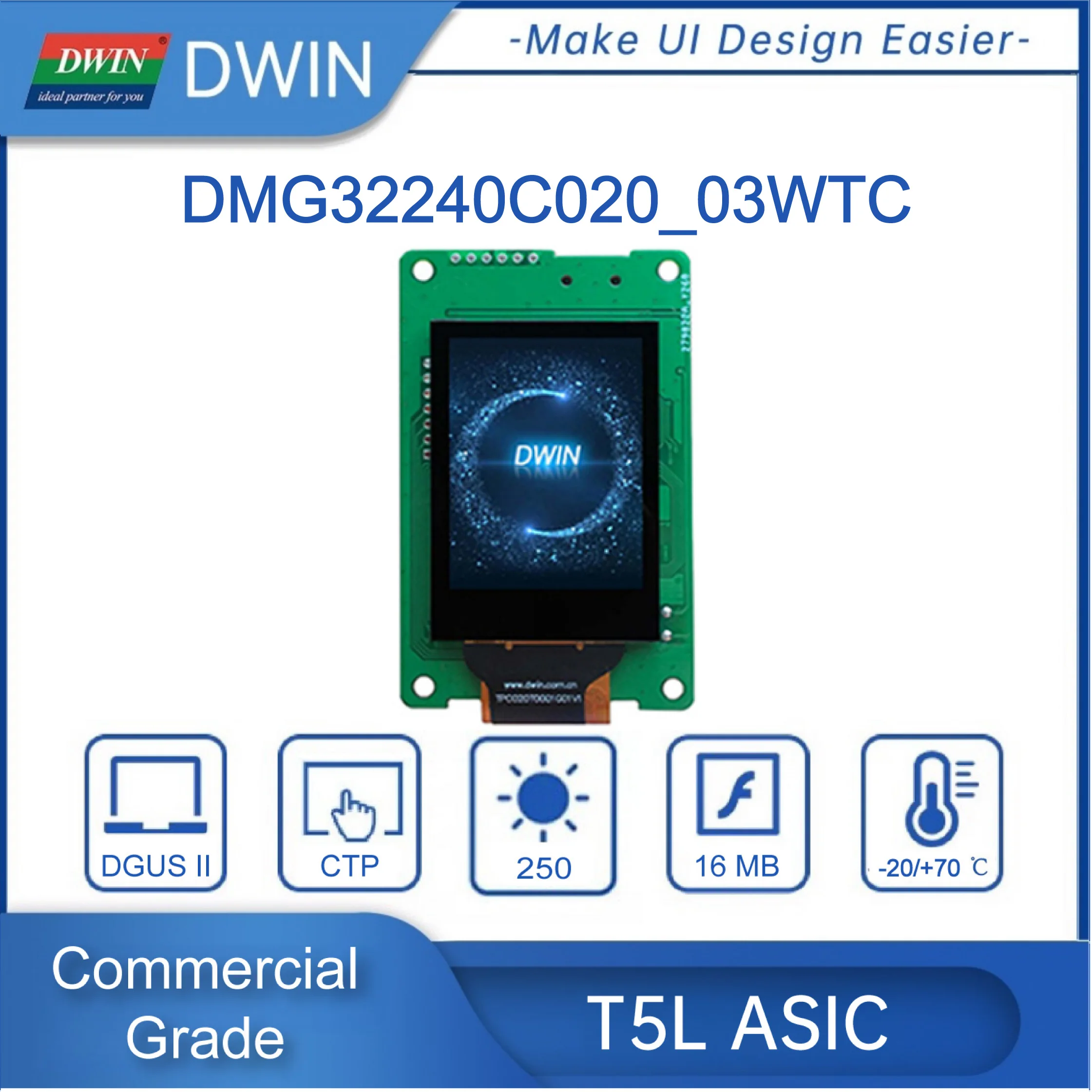 2.0 Inch Smart Panel, 240*320 Pixels resolution, 262K Colors, IPS TFT LCD Display, Intelligent Module DMG32240C020_03W