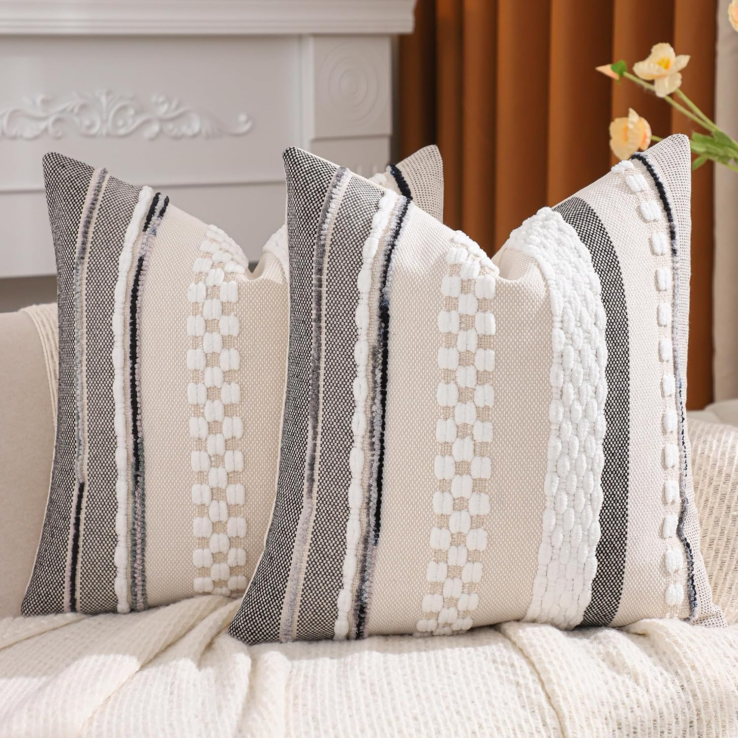 Boho Tufted Throw Pillow Covers 18x18 Set of 2 Striped Decorative Pillow Cases Accent Chenille Pillowcases Farmhouse Cushion Case Bohemian Nuetral Textured Pillow Cover,White Stripe