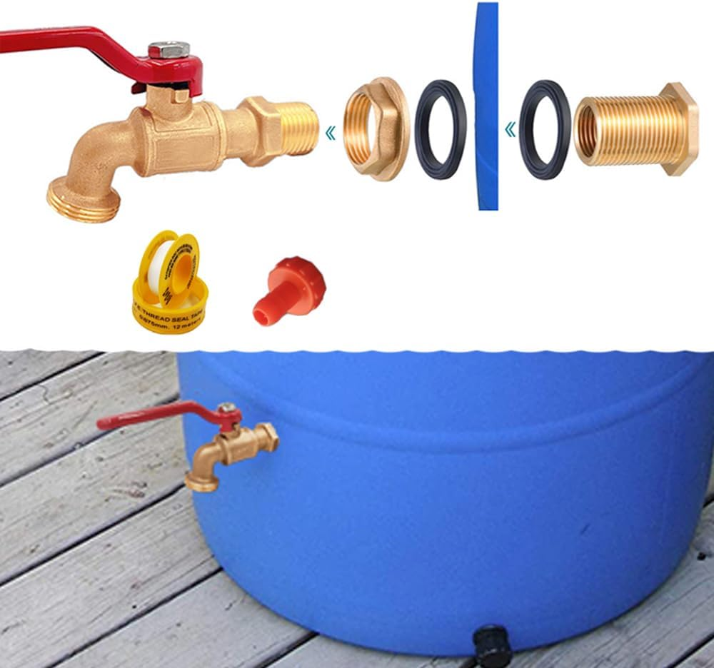 Rain Barrel Spigot Kit, Brass Water Barrel Faucet for Bucket, Water Tanks, Tubs, Pools Etc