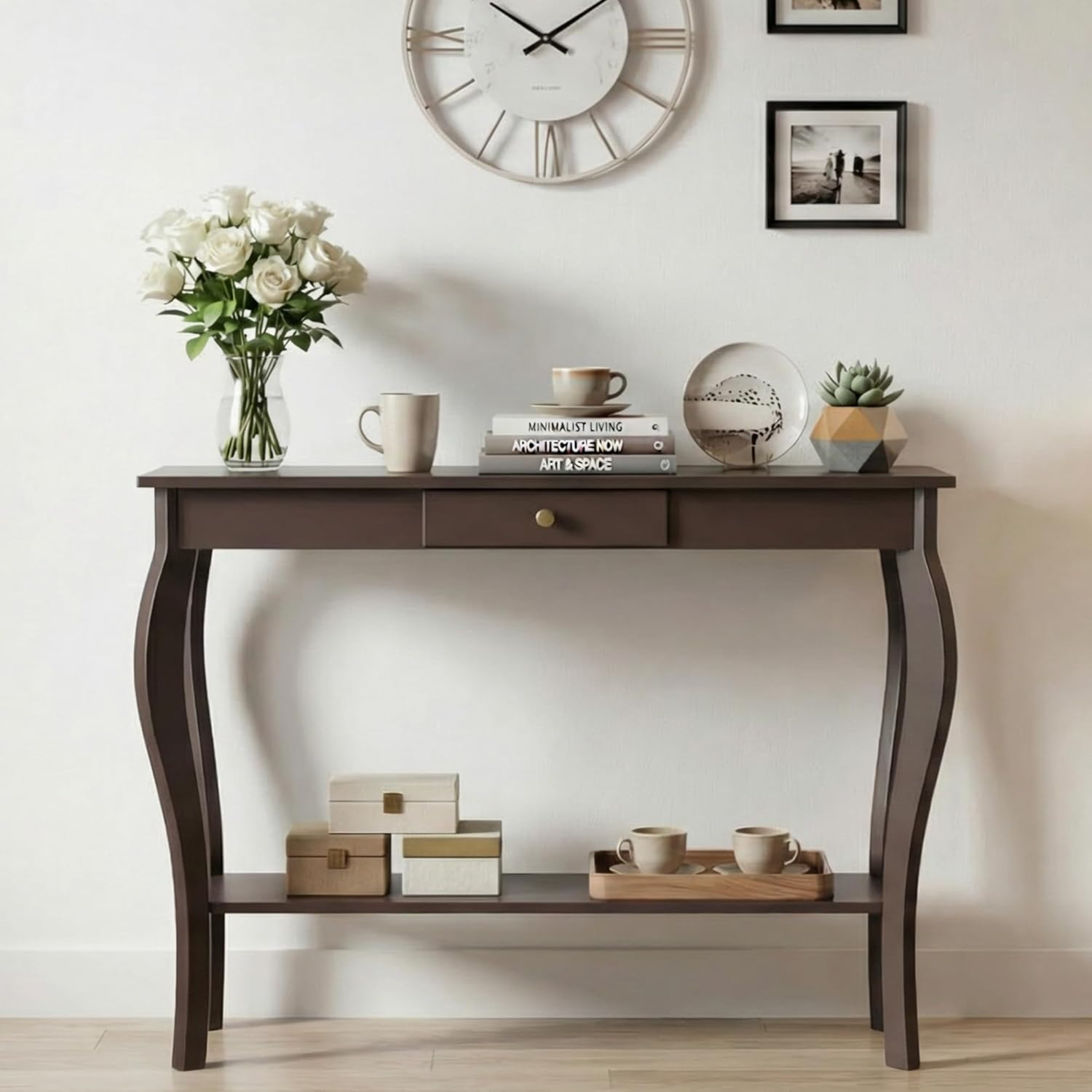 Narrow Console Table with Drawer, Chic Accent Sofa Entryway Table with Shelves for Entryway, Living Room, Hallway, Espresso