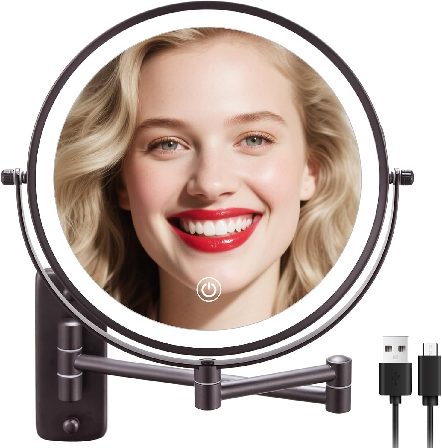 9 Inch Wall Mounted Lighted Makeup Mirror, Double-Sided Magnifying Mirror 1X/10X, 3 Colors Lighted Makeup Mirror, Touch Dimmable 360° Rotation Foldable Light up Mirror, Bronze