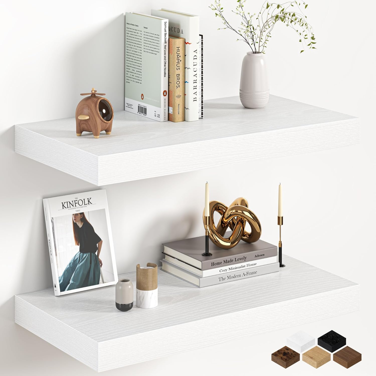 12 Inch Deep White Floating Shelf, 24 X 12 Rustic Wood Wall Shelf for Books, 2