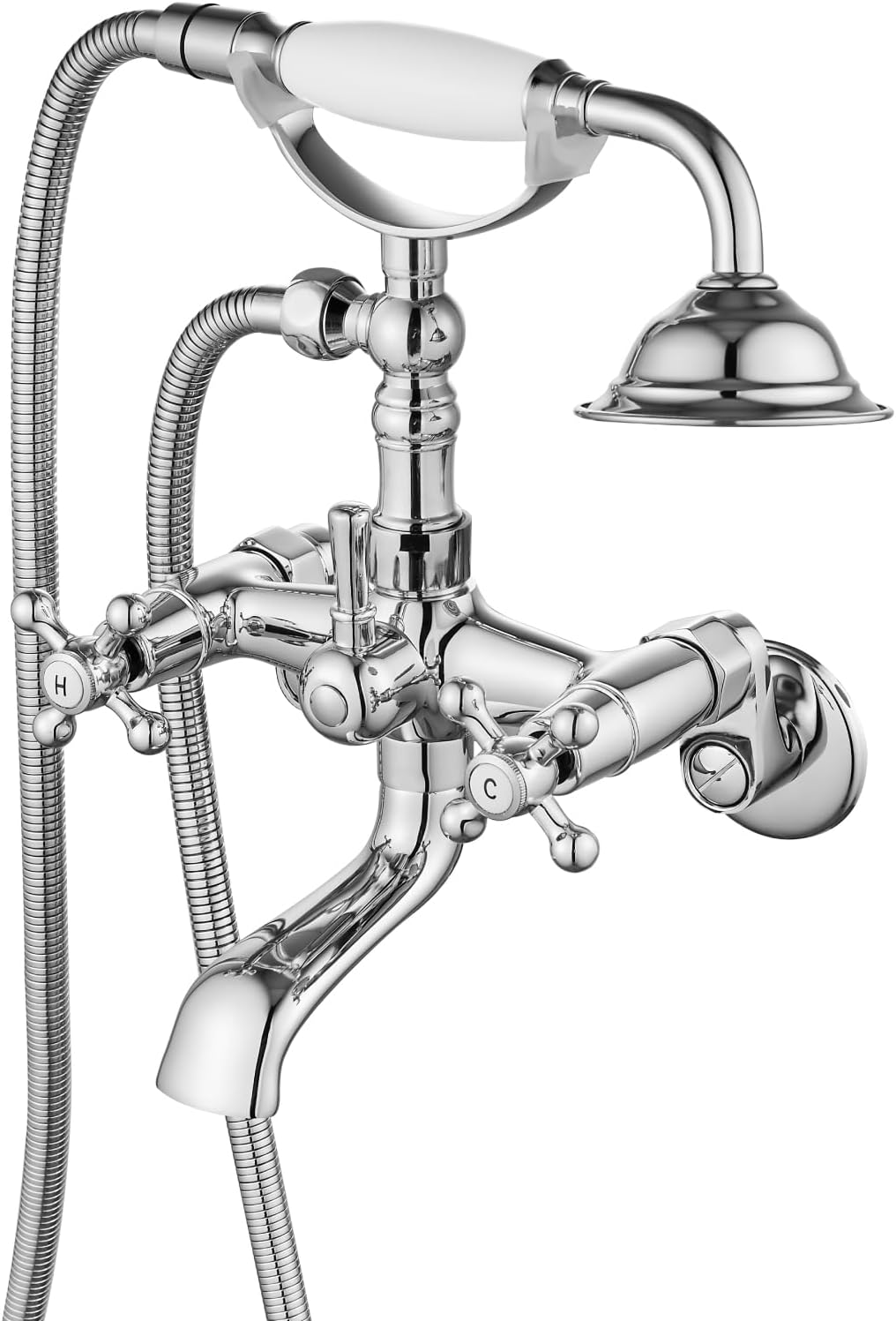 Clawfoot Bathtub Faucet Tub Filler with Hand Held Shower Faucet Set Victorian Double Cross Handle 6 Inch Center Adjustable Swing Arms Tub Mount Short Adapter Polished Chrome