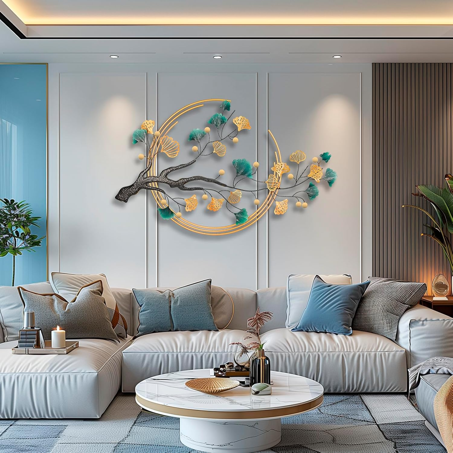 3D Metal Wall Art Decor for Living Room Large Modern Wall Sculptures Gold, 59'' Metal Wall-Mounted Home Decoration, Creative Ginkgo Décor for Living Room Dining Room Bedroom (Ginkgo Leaf)