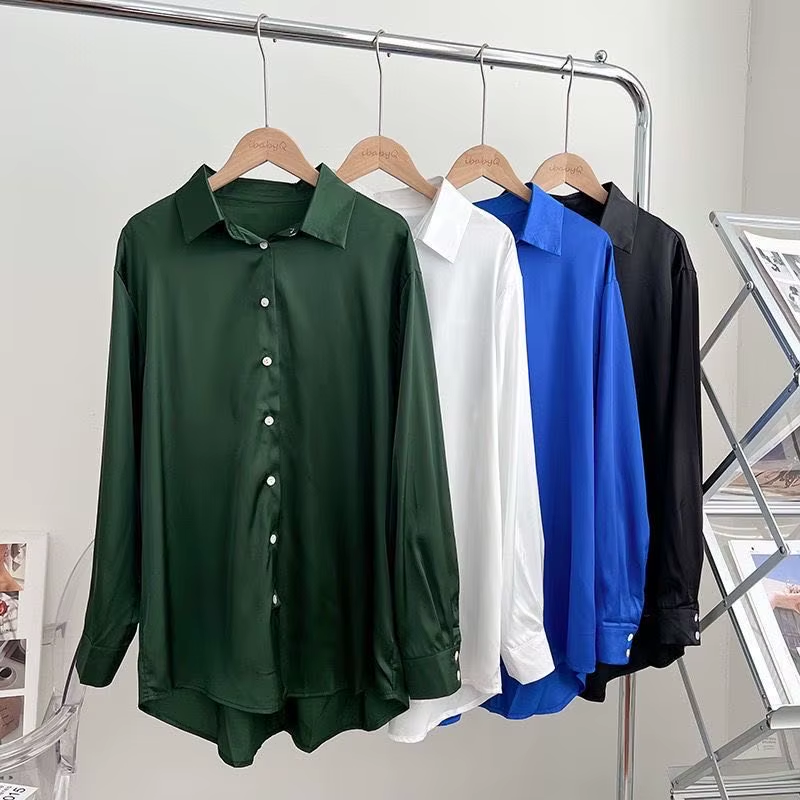 Fashion Casual Satin POLO Collar Single Breasted Long Sleeve Irregular Shirt Top Women Fall