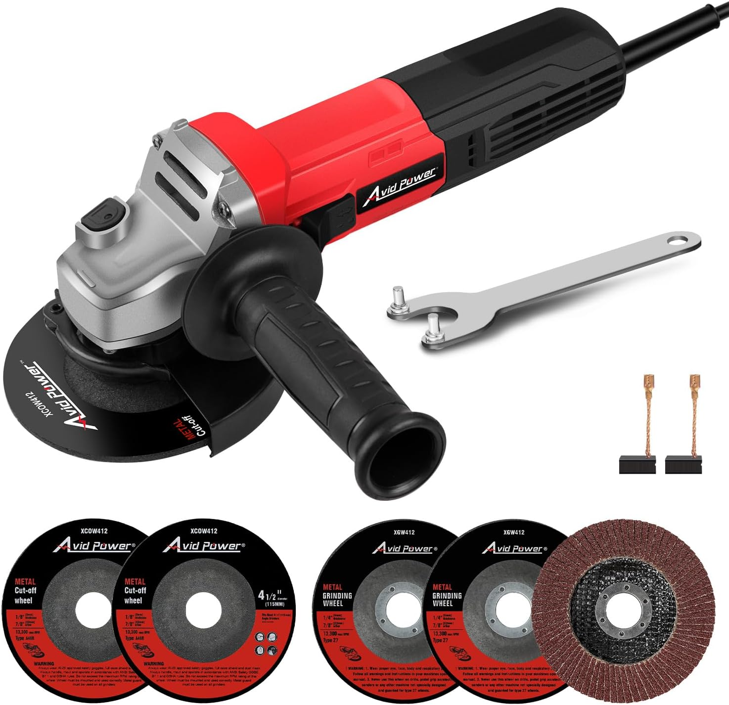 AVID POWER Angle Grinder, 7.5-Amp 4-1/2 Inch Electric Grinder Power Tools with Grinding and Cutting Wheels, Flap Disc and Auxiliary Handle for Cutting, Grinding, Polishing and Rust Removal - Red