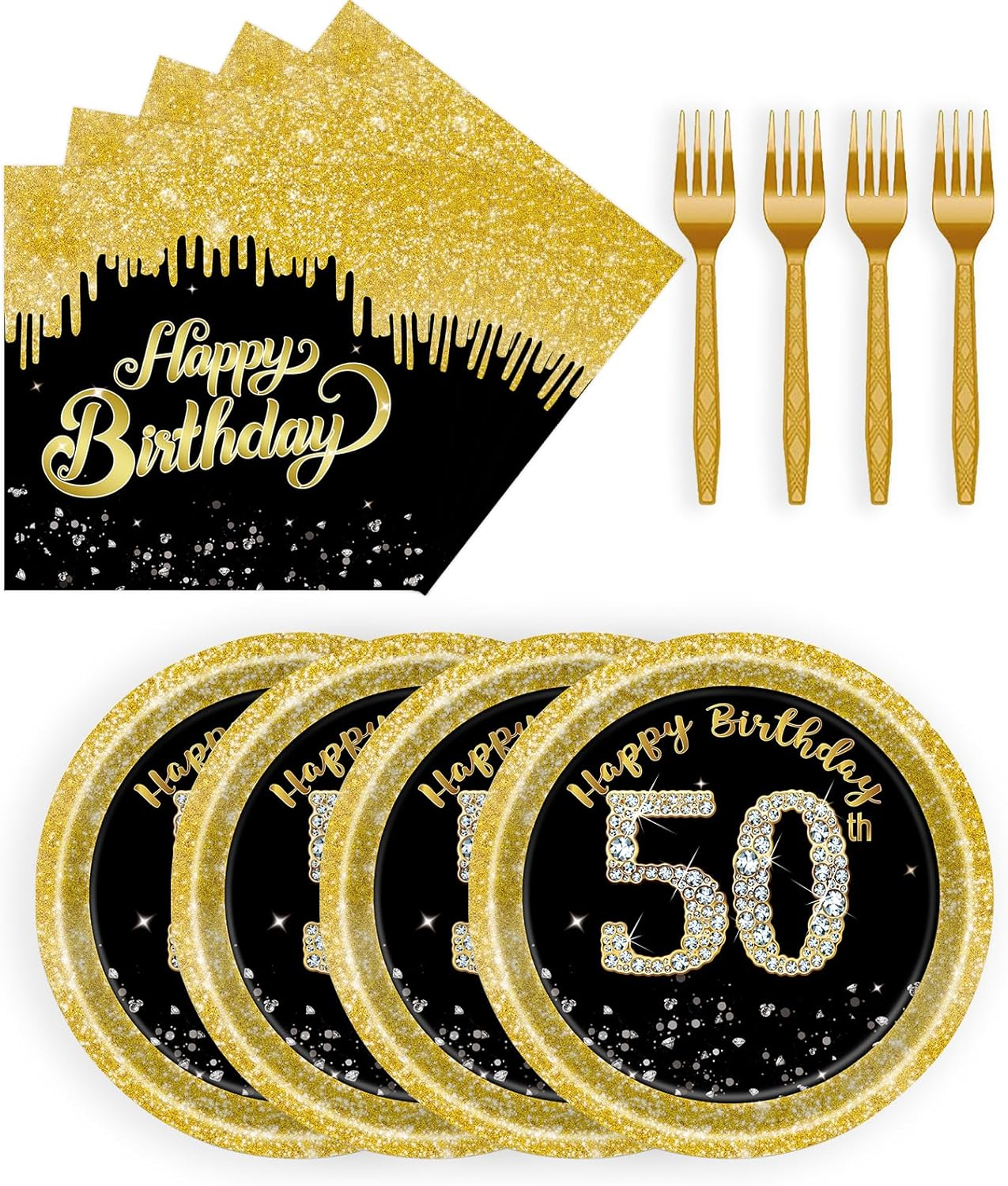 72 Pcs 50Th Birthday Paper Plates and Napkins Party Supplies, Back Gold 50Th Birthday Party Plates and Napkins Tableware Set for Men Women Cheers to 50 Years Decorations Serves 24