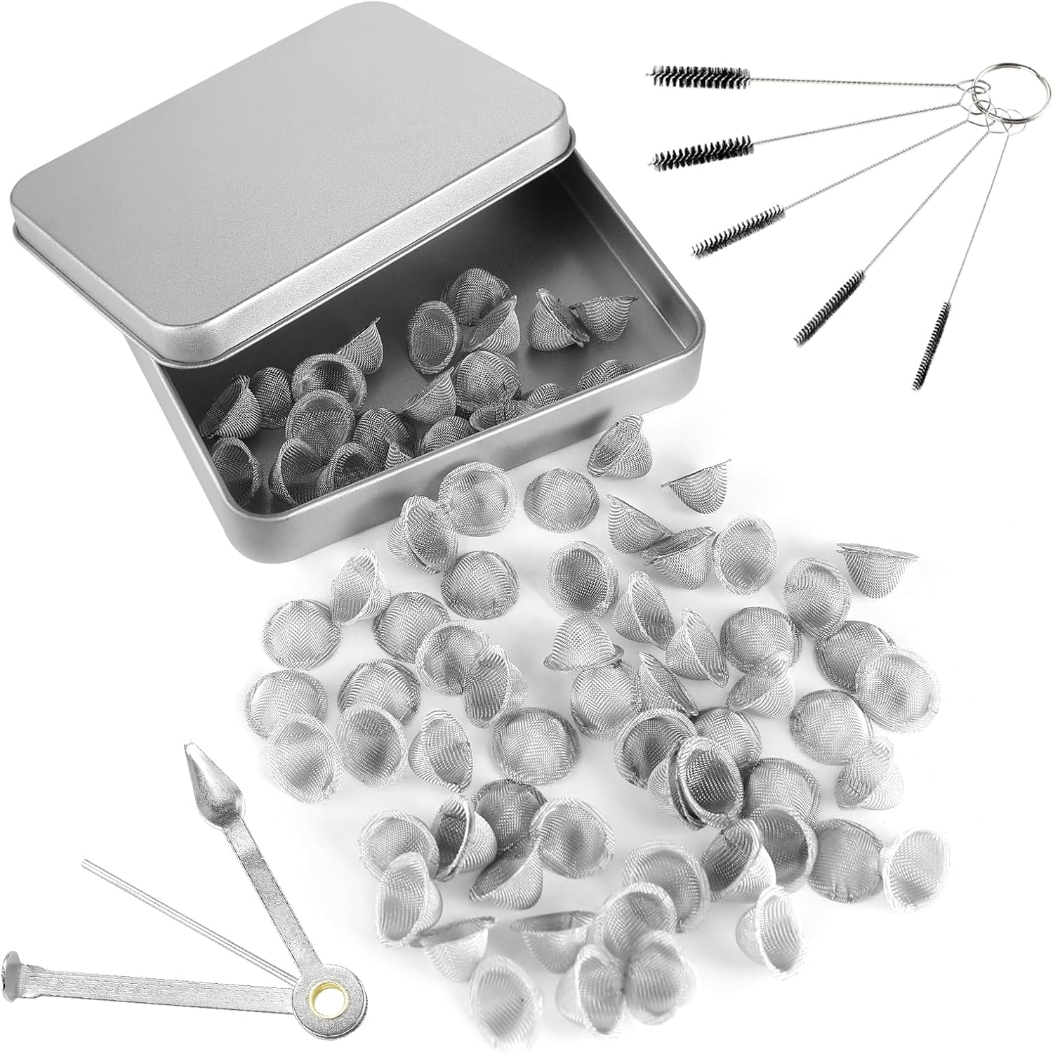 70 PCS 1/2 Inch Pipe Screens, Adjustable Size Stainless Steel Mesh, Reusable 0.5 Inch Pipe Filters with Tapered Design, Includes Portable Cleaning Tool and Brush, and Stainless Steel Storage Box