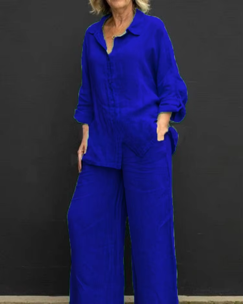 Hot Selling New Women'S 2 Piece Linen Co-Ord Set Oversized Loose Fit Long Sleeve Shirt Wide Leg Pants