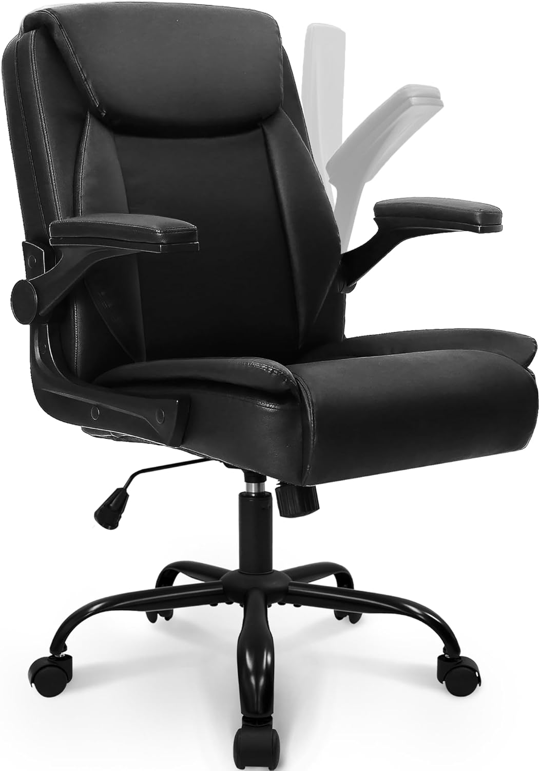 Desk Office Gaming Computer Chair Ergonomic Executive Mid-Back Leather with Adjustable Padded Flip-Up Armrests Cushion Wheels Swivel for Home Study Task (All Black)