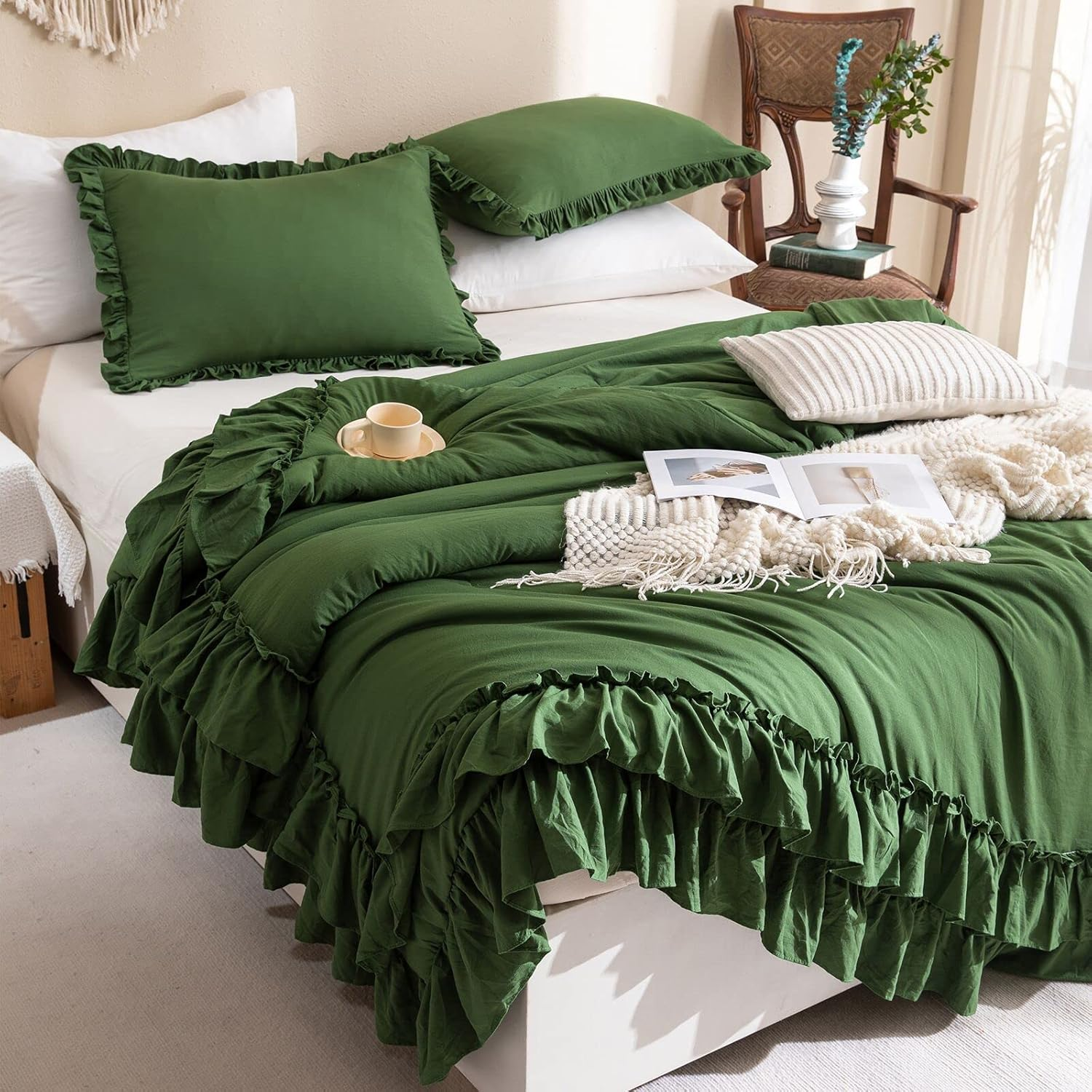 Olive Green Ruffled Comforter King Size,Farmhouse Shabby Boho Chic King Bed Comforters Vintage Rustic Bedding Ultra Soft 3PCS (1 Ruffle Comforter and 2 Pillowcases)