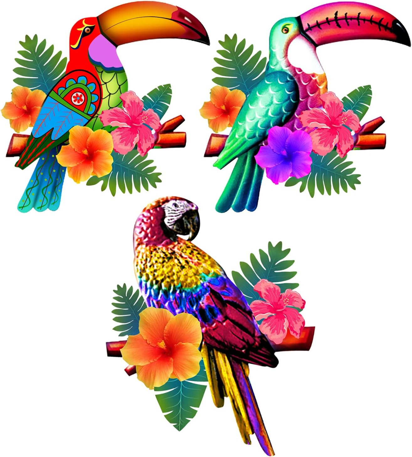 3 Pack Metal Birds Wall Art Decor, Beautiful Parrot Toucan Outdoor Wall Decor for Patio Wall Fence Deck Garden Home Balcony Tropical Bird Macaw Wall Sculpture Hanging for Indoor Outdoor