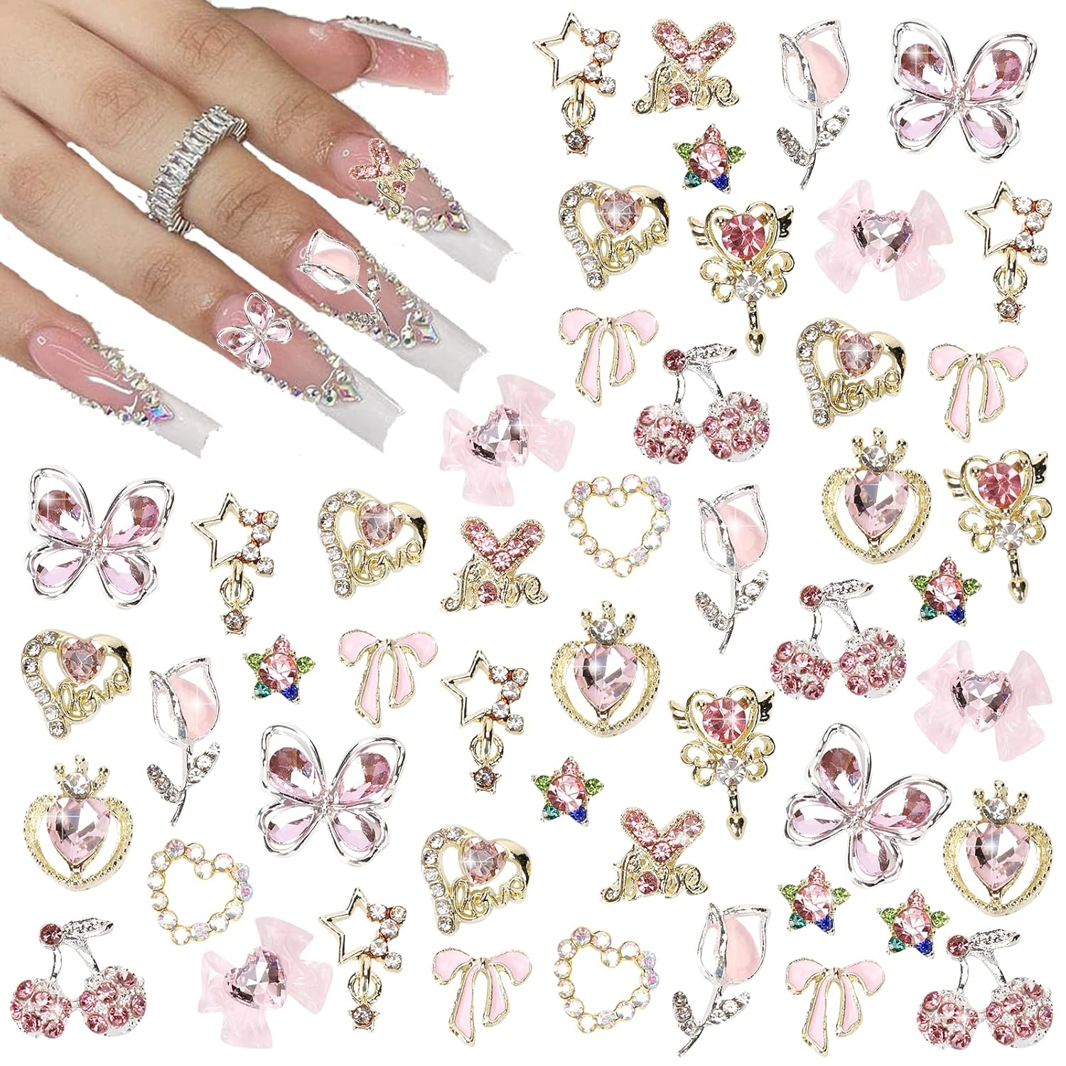 24PCS Nail Charms Y2K Alloy Nail Art Rhinestone Charms 3D Heart Star Bow with Rhinestones Cherry Nails Gems Shiny Jewelry Nails Decorations Accessories Supplies (AD24)