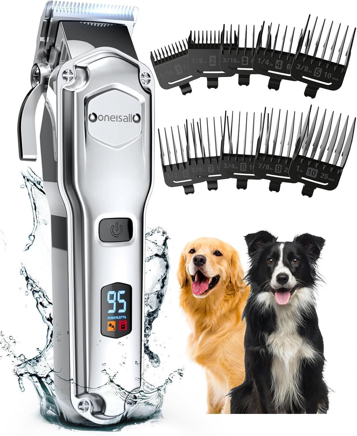 Oneisall Dog Clippers for Grooming for Thick Heavy Coats/Low Noise Rechargeable Cordless Pet Shaver with Stainless Steel Blade/Waterproof Dog Shaver for Dogs Pets and Animals (Sliver) (Sliver)