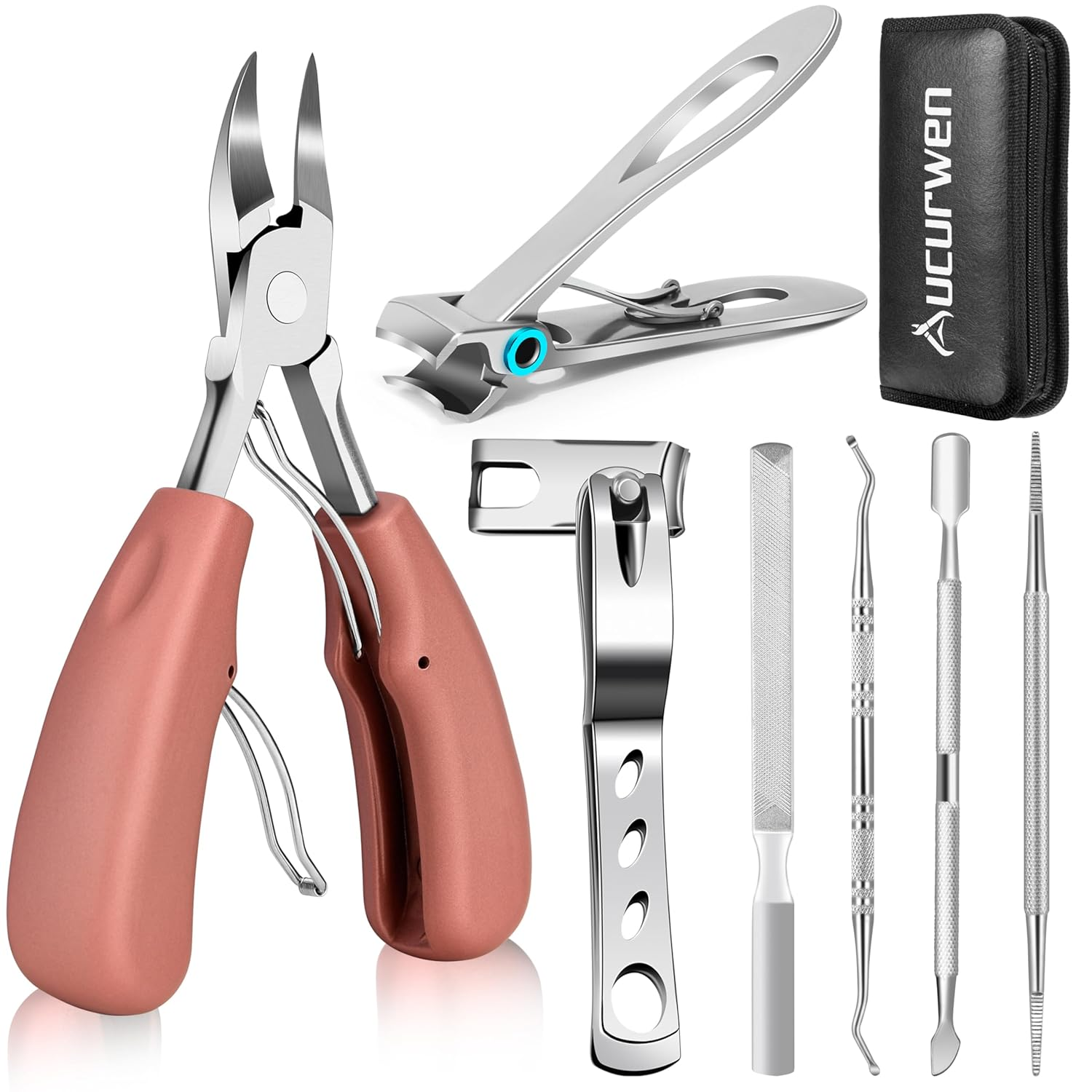 Toenail Clippers for Seniors Thick Toenails,  Heavy Duty Toe Nail Clippers Adult Thick Nails Long Handle, Large Toenail Clippers for Thick Nails 7Pcs(Pink)