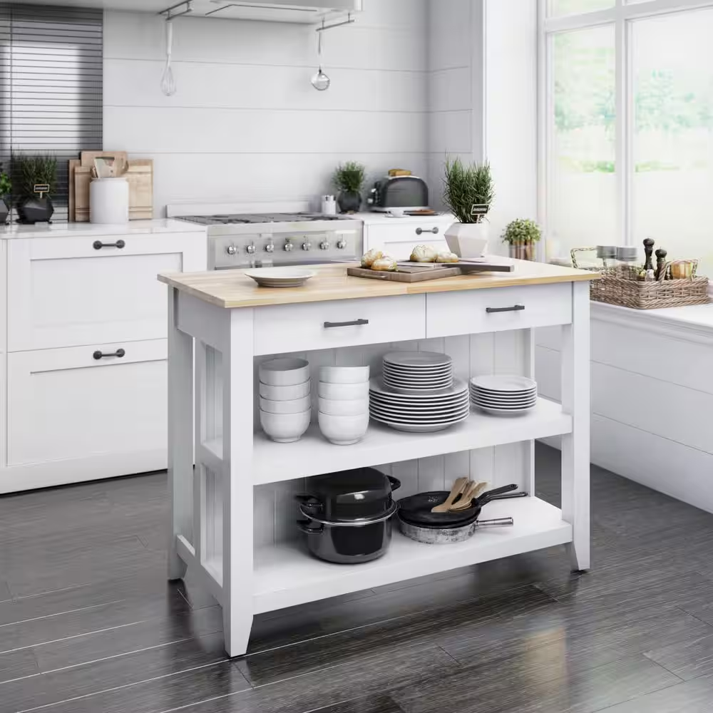 White Kitchen Island with Open Shelves