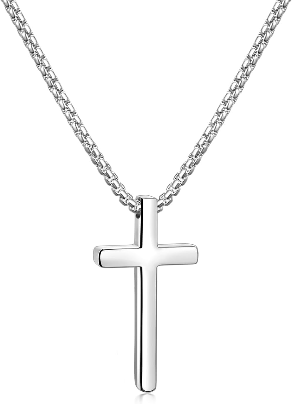 Valentines Gifts for Him - Cross Necklace for Men, Silver/Gold/Black Mens Cross Necklaces with 2.5Mm Cross Chain and Stainless Steel Cross Pendant, Box Chain 16-24 Inch, Jewelry Gift