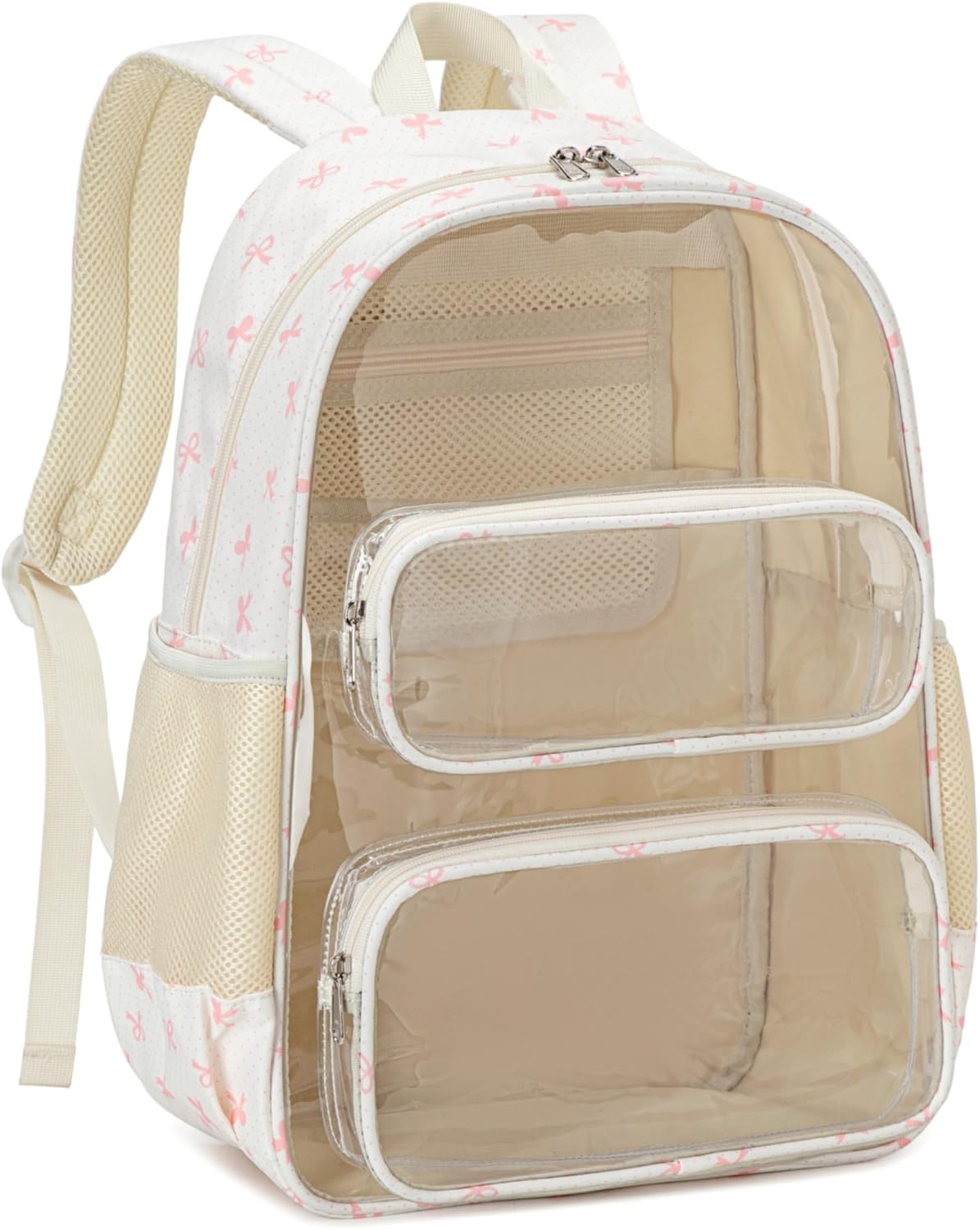 Clear Backpack Heavy Duty Transparent Bag See Through BookBag for Student School Work Festival Sport Travel (Pink Bow)
